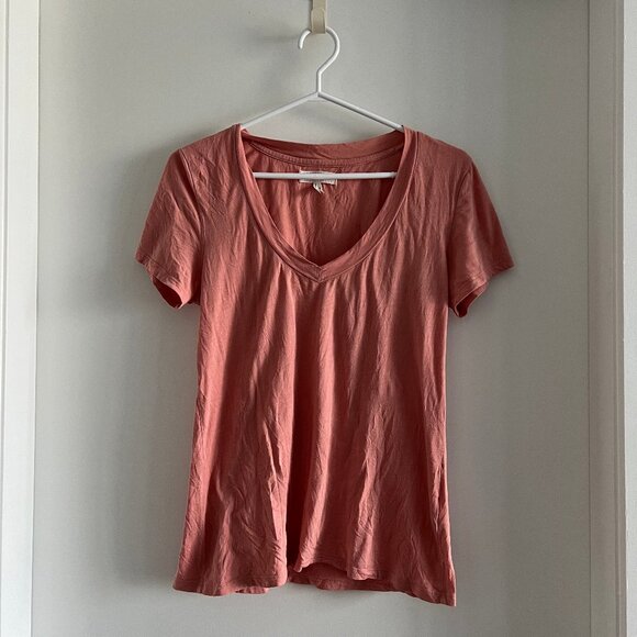 (2for$10) Ribbon Short-Sleeve V-Neck Loose Fit Shirt in Peach Orange - Picture 1 of 10